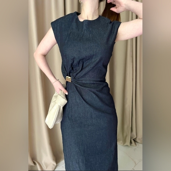 Zara Gold Applique Denim Midi Dress - Picture 6 of 10